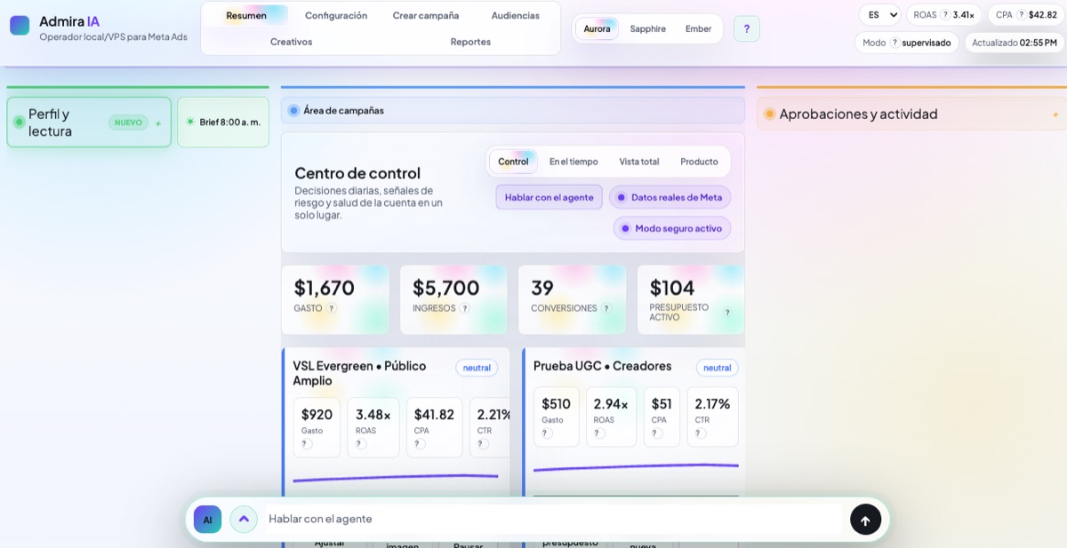 Dashboard real de Admira IA con campañas y aprobaciones